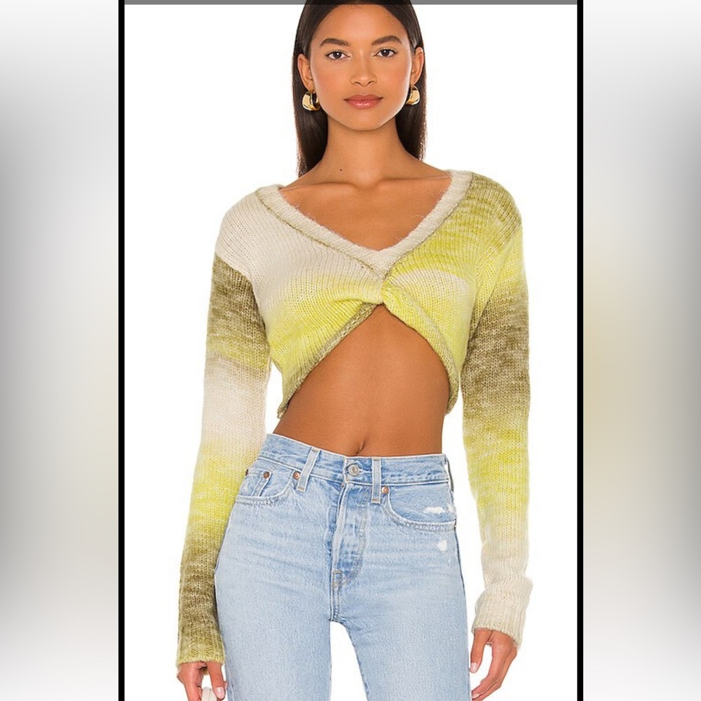 For Love & Lemons Ombre Twist V-Neck Crop Sweater in Yellow, Green, Cream